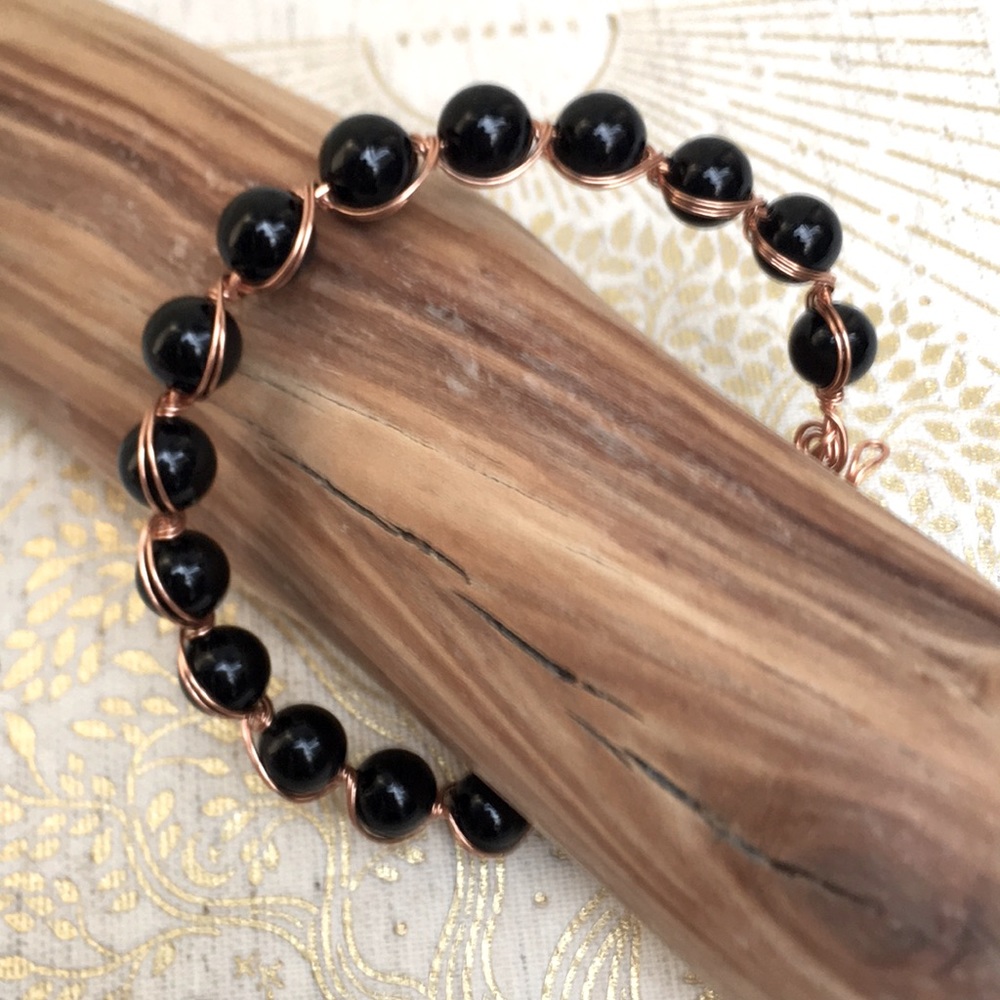 New Handcrafted Black Onyx Gemstone Bead Copper Wire Wrapped Bracelet